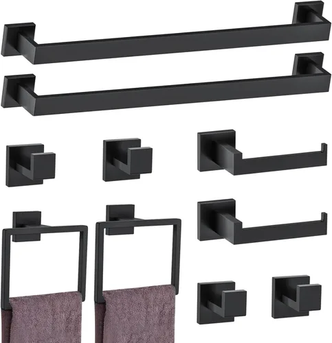 Juego de 10 piezas de accesorios de ferretería de baño negro mate, juego de barras de toalla negras, juego de portatollas de acero inoxidable 10