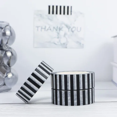 Miniatura 3 de MEI YI TIAN Juego de 3 cintas Washi de rayas negras, etiquetado de papel decorativo, cintas adhesivas para bricolaje, decoración de diario