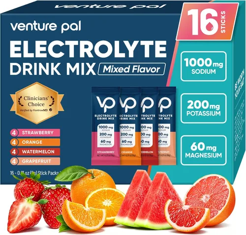 Venture Pal Paquete de electrolitos en polvo sin azúcar con alto contenido de sodio, paquetes de hidratación con vitamina, sodio y potasio, cero