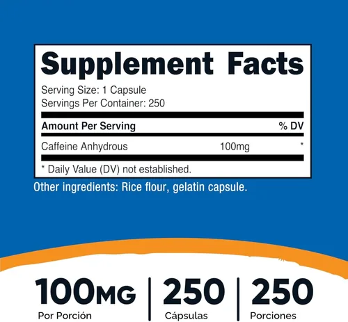 Miniatura 2 de Nutricost Pastillas de cafeína 100 mg por porción, 250 cápsulas
