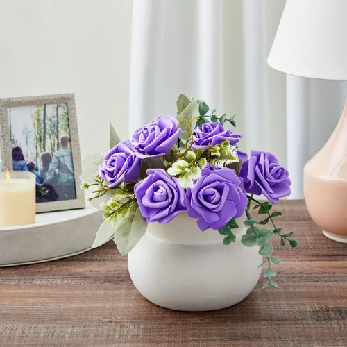 Miniatura 5 de Juvale Rosas artificiales sin tallo, rosas de plástico duraderas para decoración de boda, para decoración de mesa de centro de mesa, flores Morado