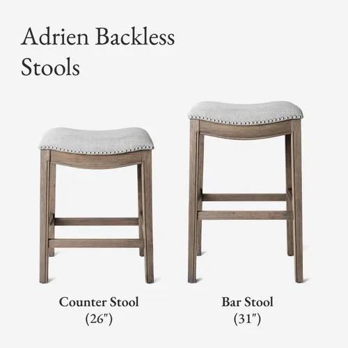 Miniatura 5 de Maven Lane Adrien Taburete de bar sin espalda, asiento de silla de montar de 31 pulgadas con reposapiés, marco de madera maciza gris y tapicería