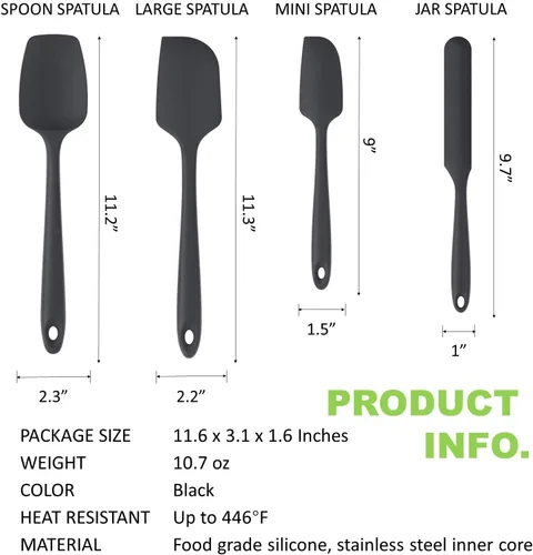 Miniatura 5 de Juego de espátulas de silicona antiadherentes para cocinar, hornear y mezclar, resistentes al calor, aptos para lavavajillas, color negro, juego de 4