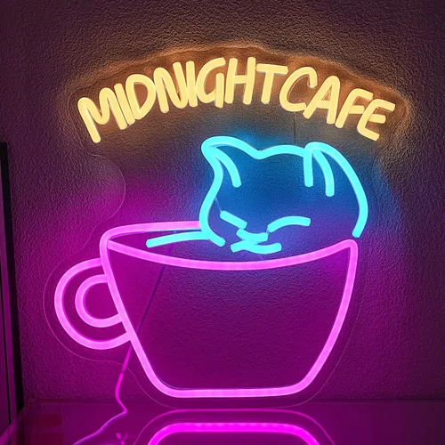 Letrero de neón de café para decoración de pared, luz de neón de gato, luz de neón de medianoche, luces LED de neón coloridas para cafetería,