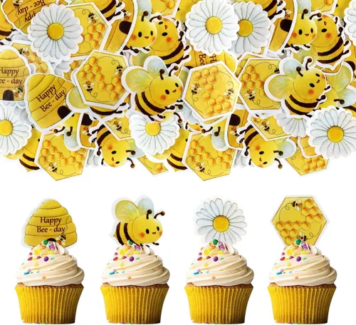 Miniatura 9 de Ercadio 24 piezas de decoración de cupcakes de abeja con purpurina de nido de abeja y miel para temática de abejas, baby shower, niños y niñas