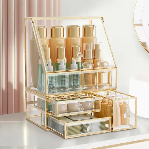 Miniatura 8 de CoralHouse Organizador de maquillaje, organizador de maquillaje ámbar con cajón, soporte para el cuidado de la piel para encimera de baño, vitrina