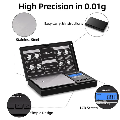 Miniatura 3 de Báscula de gramos - 500g de precisión ultra precisa digital de 0.01 gramos para joyas, diamantes, oro y plata, báscula de bolsillo portátil