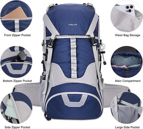 Miniatura 4 de MOSISO Mochila de senderismo de 50 L, mochila impermeable para acampar con cubierta para lluvia para hombres y mujeres, mochila deportiva ligera
