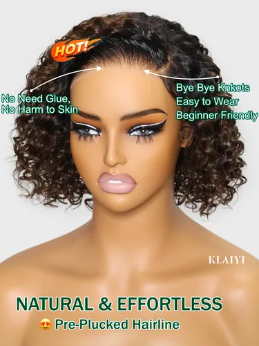 Miniatura 4 de KLAIYI Bye Bye Slip™ - Pelucas de cabello humano con encaje frontal 7x5, color marrón castaño degradado, rizado, sin pegamento, precortadas de 7 x