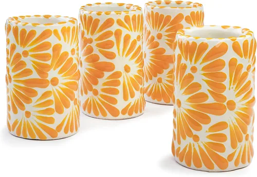 Miniatura 26 de Juego de 4 vasos de chupito Talavera auténticos mexicanos para tequila - Pintados a mano - 2 Oz (Flores naranjas)
