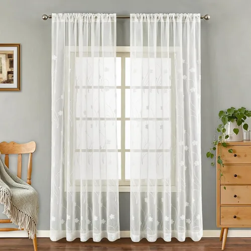 Miniatura 10 de VOGOL Cortinas transparentes con patrón de hojas bordadas, paneles de ventana blancos con ribete de encaje para sala de estar y dormitorio, cortinas
