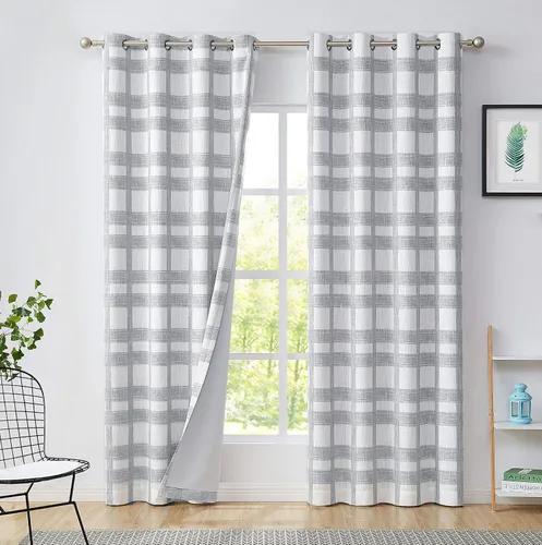 Miniatura 10 de Central Park Cortina opaca a cuadros blancos y grises para ventana, panel geométrico para dormitorio, sala de estar, con ojales en la parte