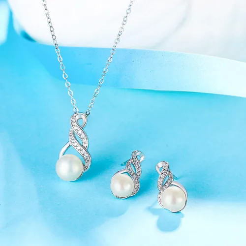 Miniatura 4 de EleQueen 925 plata de ley CZ perlas cultivadas de agua dulce colgante nupcial collar pendientes conjuntos de joyería de boda, día de San ValentínDía