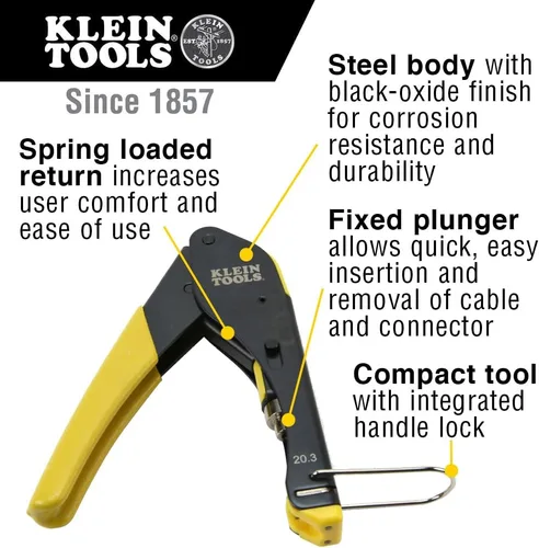 Miniatura 2 de Klein Tools VDV026-211 Kit de instalación coaxial con herramienta de engarzado, cortador de cables, pelacables y conectores F con bolsa