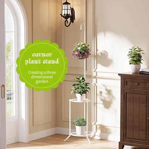 Miniatura 3 de BMOSU - Soporte para plantas con ganchos para interiores y exteriores, soporte alto de metal resistente de 3 niveles para patio, jardín, balcón