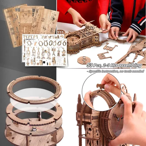 Miniatura 5 de FUNPOLA Rompecabezas de madera 3D Reloj de torre LED, rompecabezas 3D edificio de escritorio, modelo de bloques de construcción arquitectónicos