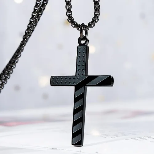 Miniatura 4 de Wolentty Collar con cruz de bandera estadounidense de acero inoxidable grabado religioso filipenses 413 joyería con colgante para hombre color negro