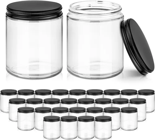 Tecohouse Tarros de vidrio de 8 onzas con tapas, paquete de 30 tarros de vela con tapas, etiquetas blancas y revestimientos interiores, recipientes
