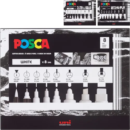 Uni Posca - Juego de marcadores de pintura acrílica de 8 puntas, blanco, no tóxico, certificado ACMI, te permite colorear en cualquier superficie,