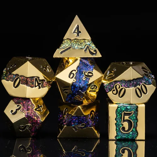 Miniatura 8 de Dados poliédricos DND de metal, juego de dados metálicos con purpurina a rayas grandes, juego de 7 dados plateados antiguos para juegos de rol