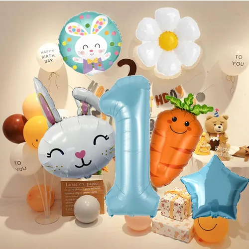 Miniatura 7 de Globos de conejo de aluminio número 1, globos redondos de conejo zanahoria, margarita, estrella azul para decoraciones de cumpleaños de conejo