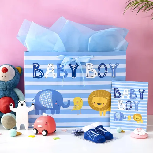 Miniatura 2 de Loveinside Bolsa de regalo para bebé niño con papel de seda y tarjeta de felicitación para baby shower, nuevos padres y más, diseño animal azul, 16
