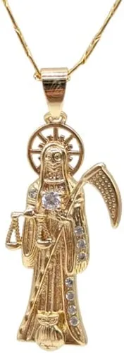 Collar con colgante de la Santa Muerte chapado en oro de 14 quilates, eslabones cubanos de 22 pulgadas de largo, 1.378 x 0.787 in oro laminado de