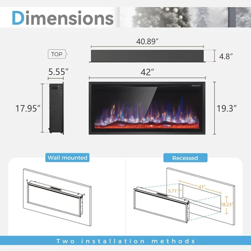Miniatura 3 de GREEN PARTY Chimenea eléctrica empotrada/montada en la pared de 42 pulgadas con bisel ultra estrecho, calentador de chimenea con opciones de troncos