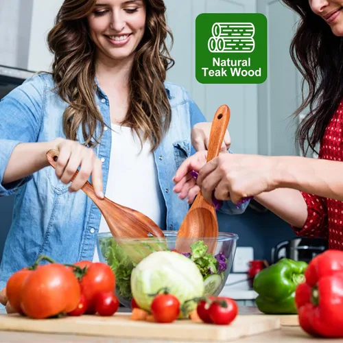 Miniatura 7 de Juego de 5 cucharas de madera para cocinar, espátulas de madera de teca, espátulas ranuradas para utensilios de cocina antiadherentes, cuchara