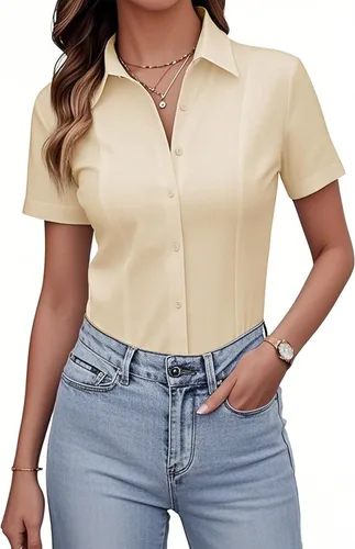 Miniatura 19 de Siliteelon Camisetas de Botón para Mujer, Ajustadas, de Manga Corta, Elásticas, Camisa de Vestir, Sin Arrugas, Sólida, Blusa de Trabajo