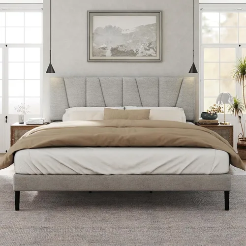 Miniatura 12 de HAOARA Marco de cama tamaño completo con cabecera tapizada en tela, cama plataforma con soporte de listones de madera, base de colchón completa
