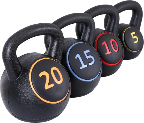 Juego de pesas rusas Kettle Grip para entrenamiento de fuerza, juego de 4 campanas hervidoras con pesas de 5 libras, 10 libras, 15 libras, 20