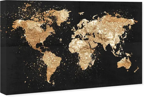 Miniatura 2 de The Oliver Gal Artist Co. Mapas y banderas - Lienzo decorativo para pared, diseño de Mapamundi on the Rocks Night, 24 x 16 pulgadas, negro, dorado