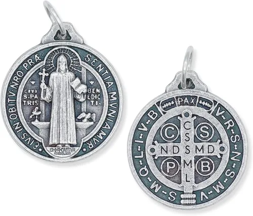 Miniatura 3 de Caritas et Fides Paquete de 10 colgantes de medalla de San Benito 34 pulgadas redondas de plata oxidadas de San Benito para collar medallas