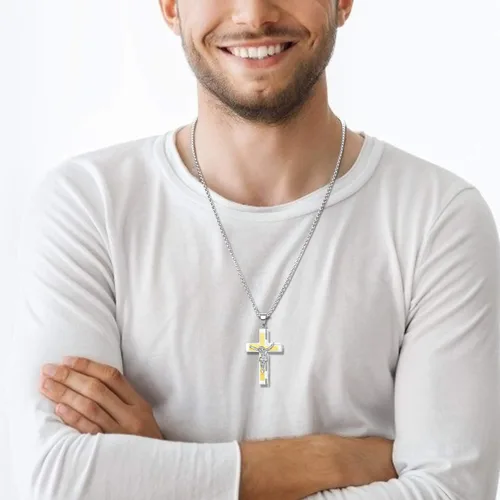 Miniatura 3 de YL Collar de cruz para hombre de acero inoxidable con colgante de crucifijo de cadena Rolo de Jesucristo, joyería de oración del Señor