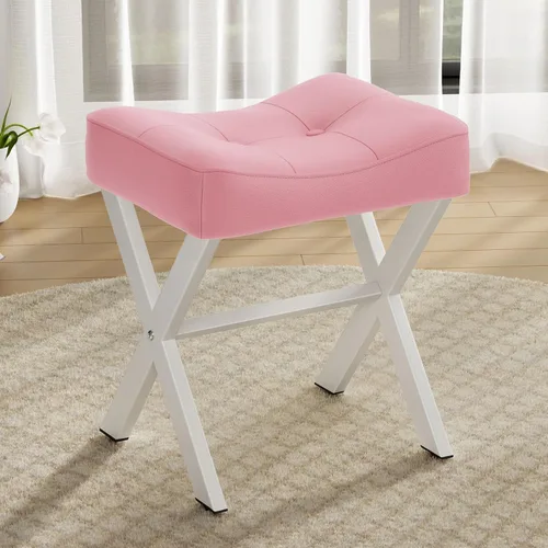 Miniatura 25 de Memobarco Taburete Silla de Tocador de 18 Pulgadas, Banco de Tocador con Patas en X de Metal, Taburete Otomán de Acento con Tela Bouclé Transpirable