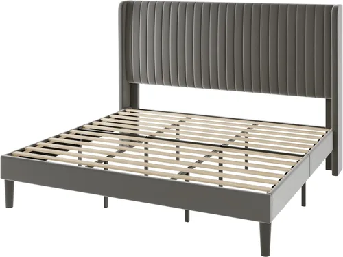 Miniatura 9 de Allewie - Base de cama tamaño King con cabecera tapizada en terciopelo y diseño acanalado vertical; base de cama tapizada en plataforma; no necesita