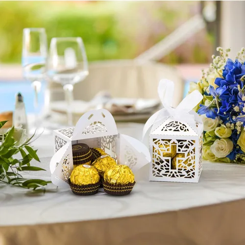 Miniatura 4 de Juego de 50 cajas de regalo con corte láser para bodas y fiestas con lazo