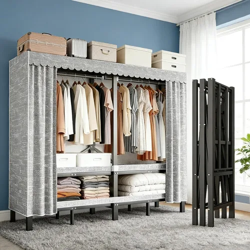 Miniatura 13 de Armario portátil resistente de 49.2 pulgadas, armario plegable con tapa, estantes de metal para organizadores de ropa y almacenamiento
