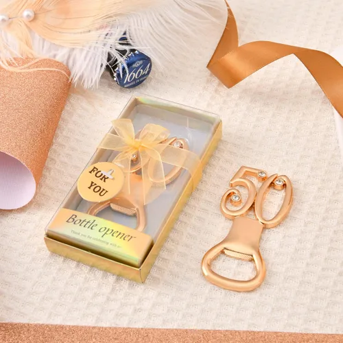 Miniatura 6 de 50 recuerdos dorados de fiesta de cumpleaños número 50 con diamantes de imitación, perfectos para invitados, 50 abridores de botellas de cerveza
