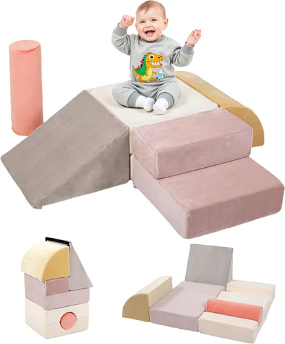 Miniatura 9 de BanaSuper Juguetes de escalada de 5 piezas para niños pequeños, juego de bloques de espuma para niños con cilindro, diseño plegable, juego