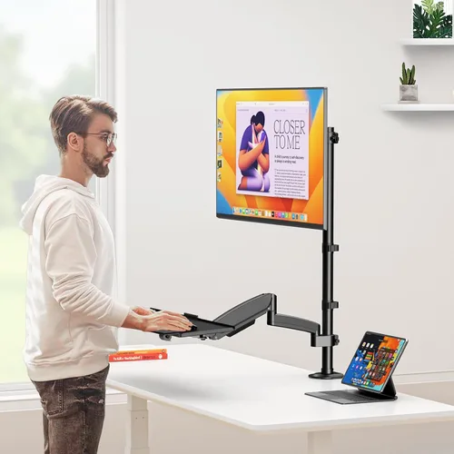 Miniatura 8 de PUTORSEN Soporte de escritorio para monitor de pie sentado para pantallas de 17 a 32 pulgadas, brazo articulado de movimiento completo ajustable