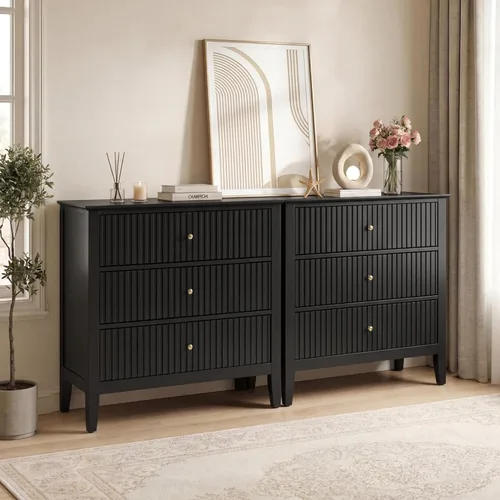 Miniatura 23 de RoyalCraft Cómoda Acanalada Beige de 3 Cajones, Cómoda de 32 Pulgadas de Ancho Mesita de Noche para Dormitorio, Cofre de Cajones de Madera Moderno