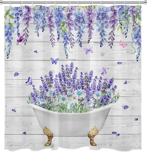 Miniatura 6 de LB Juego de cortinas de ducha de mariposa y flores con alfombras, margaritas y morado lavanda, hojas de eucalipto, cortina de ducha verde