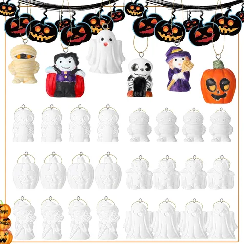 Glimin 24 piezas de cerámica 3D de Halloween para pintar, haz tu propio kit de calabazas de cerámica sin pintar, fantasma, yeso a granel, llaveros