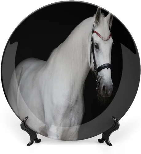 Plato decorativo de 6 pulgadas, plato de porcelana de caballo, caballo blanco sobre fondo negro, placa de exhibición de cerámica para adornos