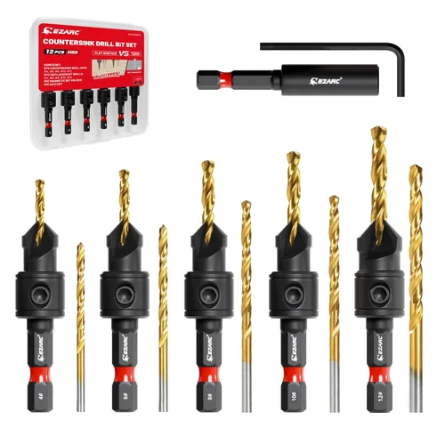 EZARC Juego de brocas avellanadoras, 12 piezas de brocas avellanadoras ajustables, #4, #6, #8, #10, #12, portabrocas magnético de extensión para