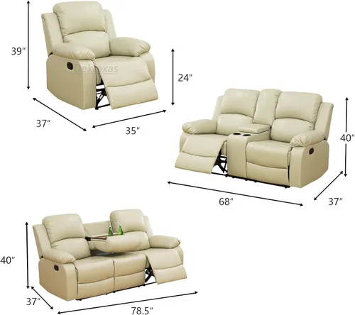 Miniatura 2 de Conjunto de sofá para sala de Estar, sillón reclinable de cuero transpirable, sofá de 3 plazas para cine en casa con tazas para apartamento, oficina