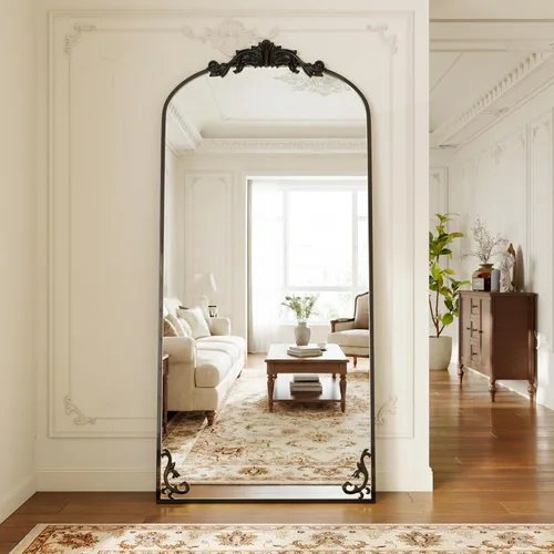 Miniatura 12 de GLSLAND Espejo Vintage - 72" x 44" Espejo de Cuerpo Completo Grande Tallado Arqueado con Marco de Metal Barroco Espejos de Cuerpo Completo para Negro