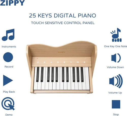 Miniatura 2 de Teclado de Piano para Niños ZIPPY, Piano Digital de 25 Teclas para Niños, Panel de Control Táctil Sensible, Volumen Ajustable, Mini Instrumento Roble